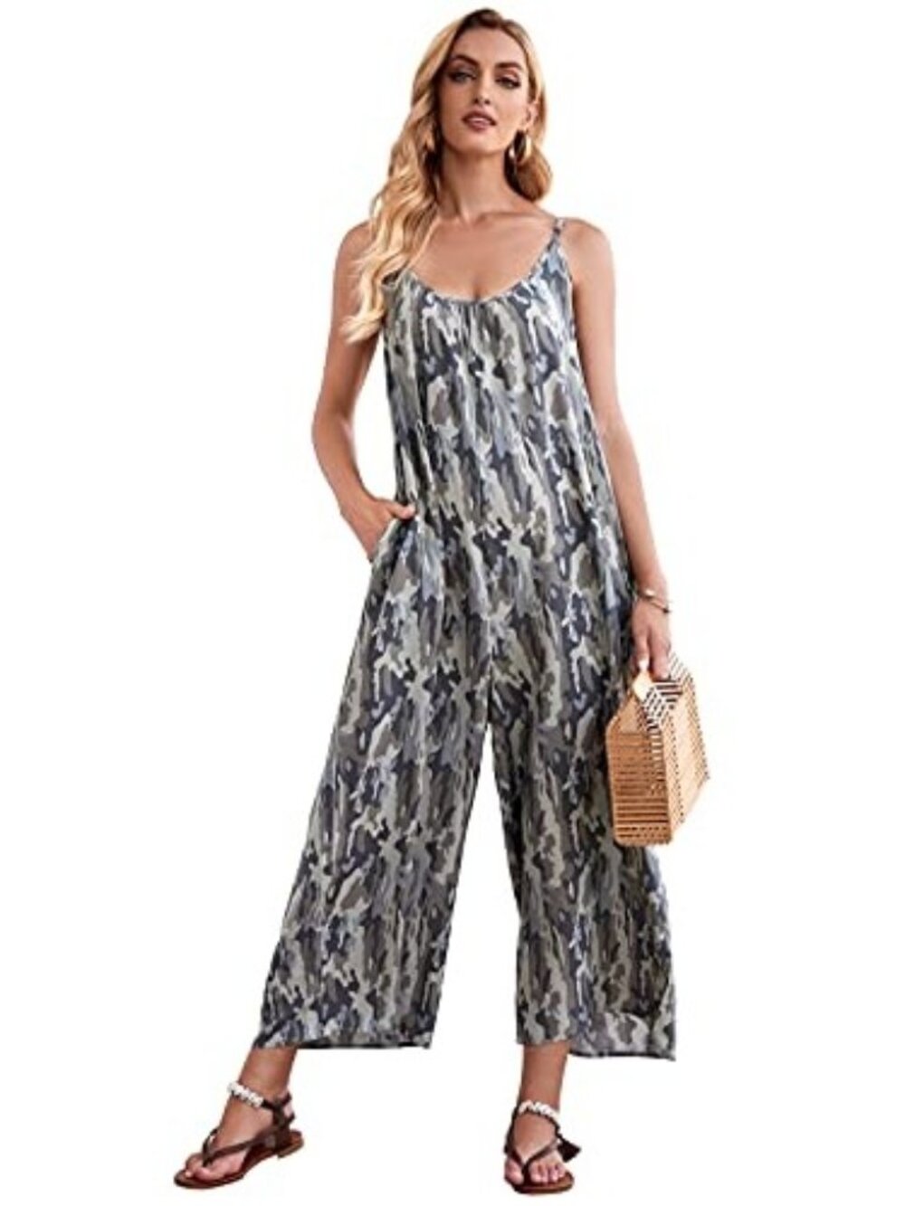 Buenos Ninos Jumpsuit Size Medium Camouflage Sleeveless Wide Leg Summer Hippie